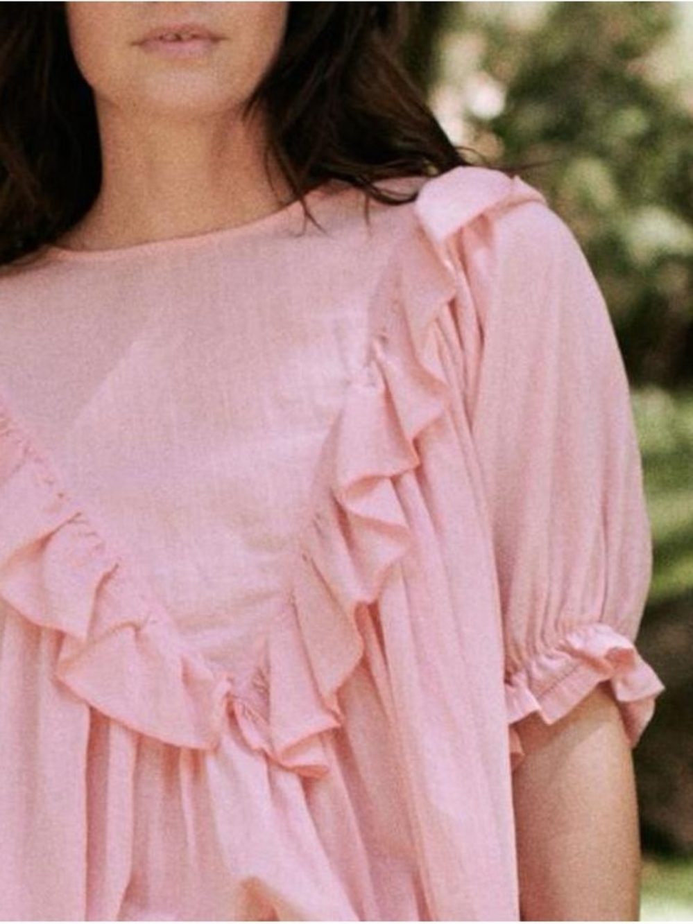 THE GREAT. Pink Ruffle Puff-Sleeve Blouse. Boho. Cottage Core. Coastal Cowgirl. - Picture 4 of 12